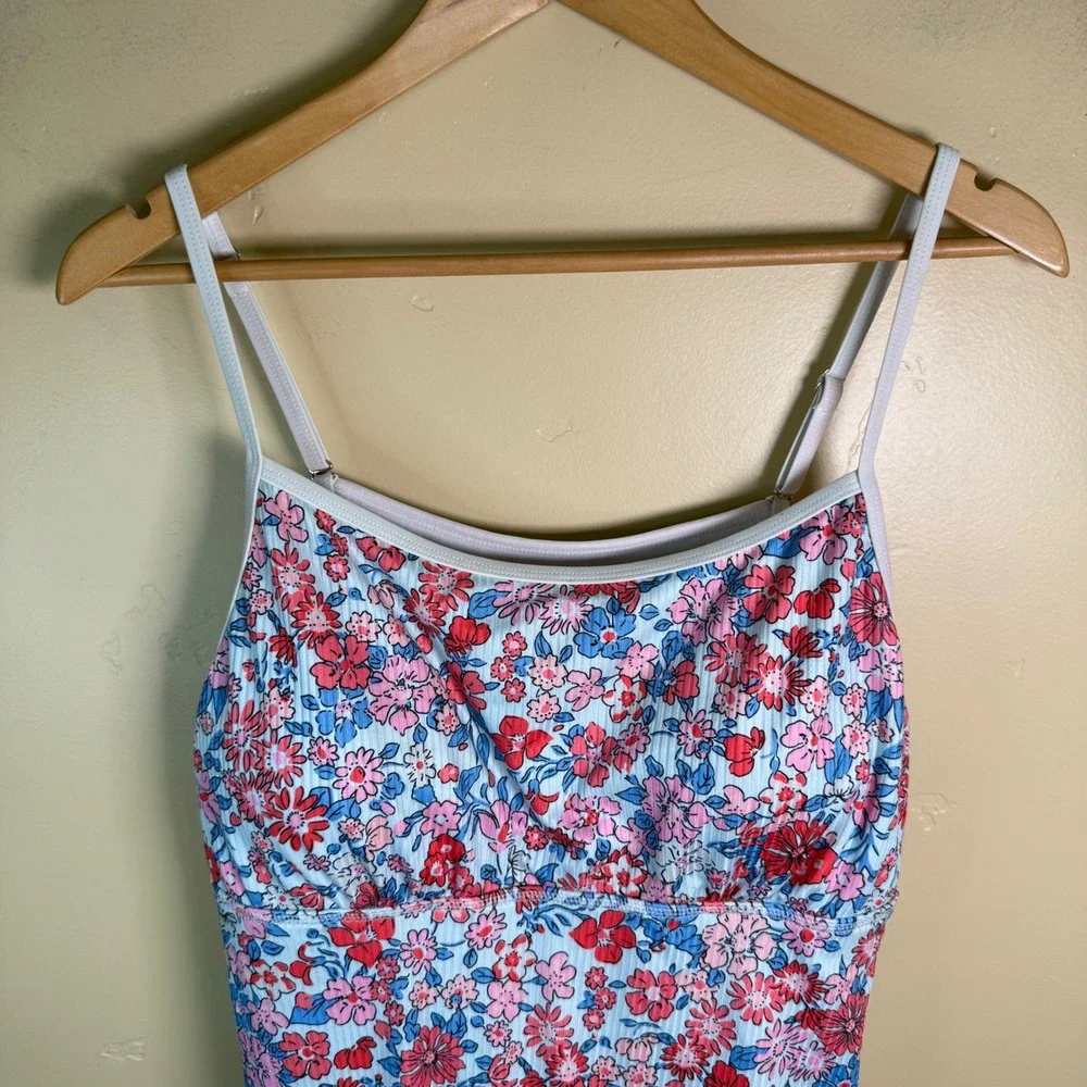 Swim Dress Women XL Blue Pink Floral Shelf Bra Skort Vacation Beach Active